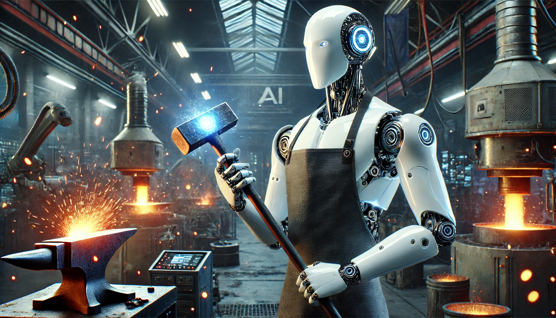 AI robot wearing blacksmith apron and holding a blacksmith tool in a foundry
