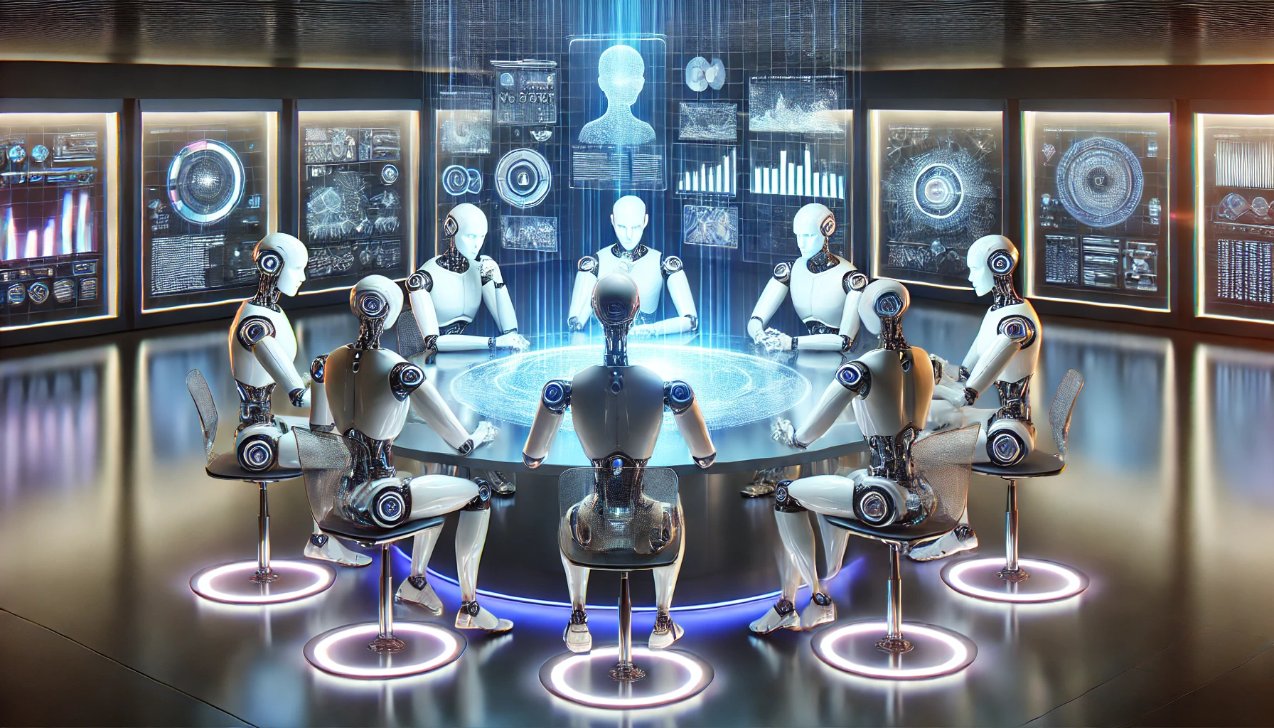 Group of AI robots studying and collaborating around a holographic table