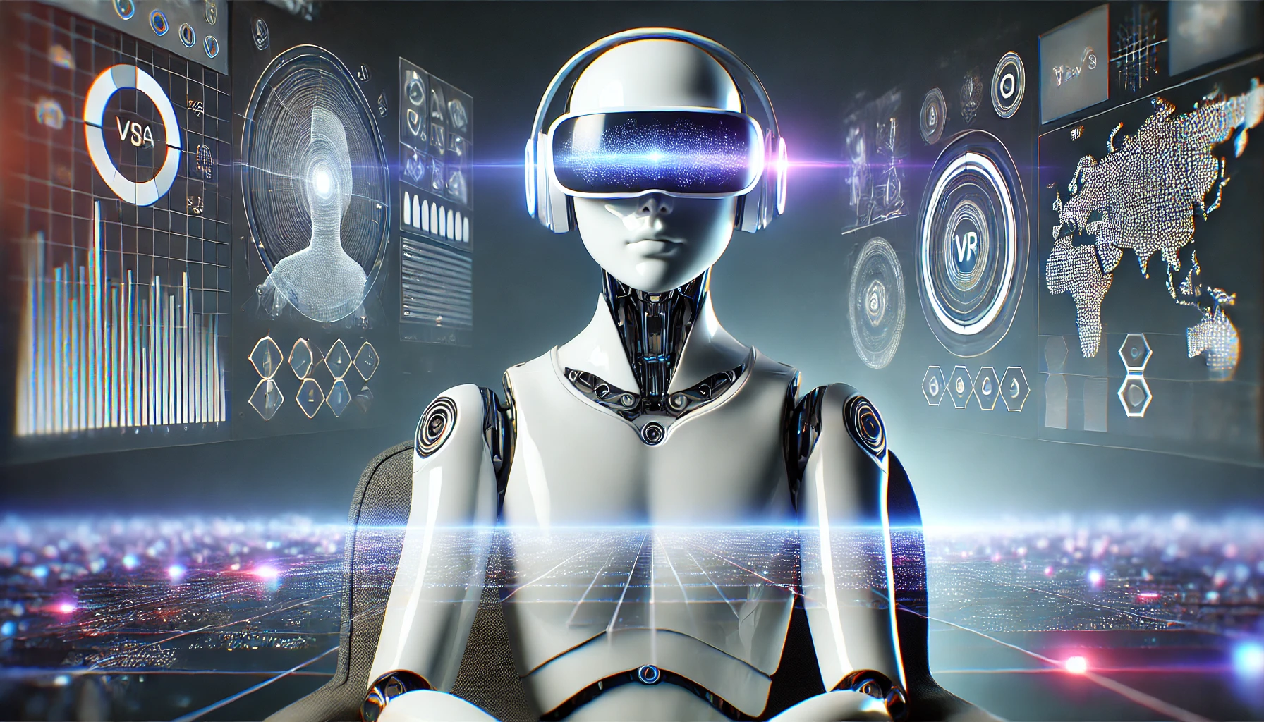 AI robot wearing VR goggles, immersed in a futuristic digital landscape