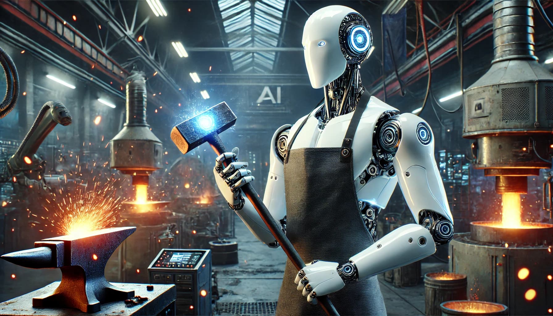 AI robot wearing blacksmith apron and holding a blacksmith tool in a foundry