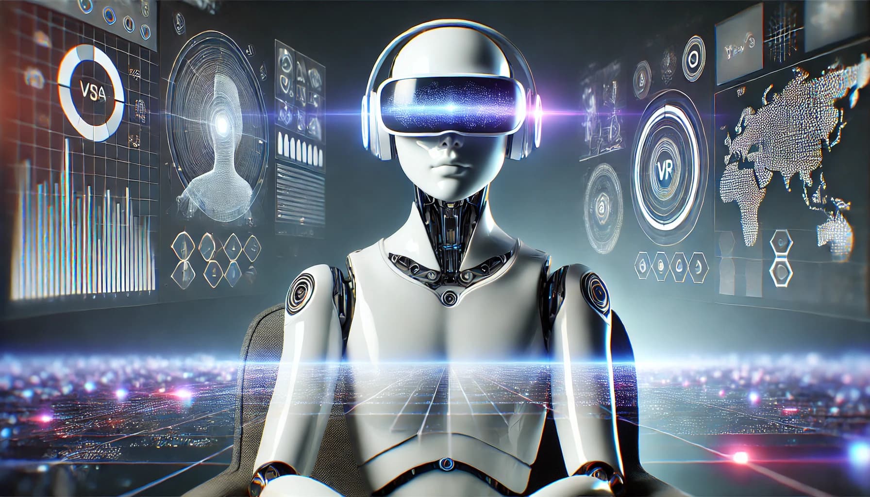AI robot wearing VR goggles, immersed in a futuristic digital landscape