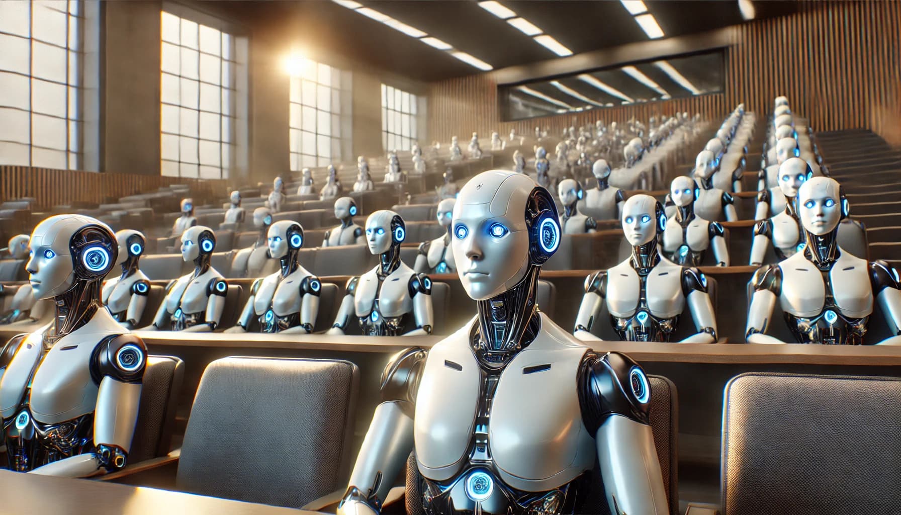 Hyper-realistic AI robots attending a university lecture auditorium